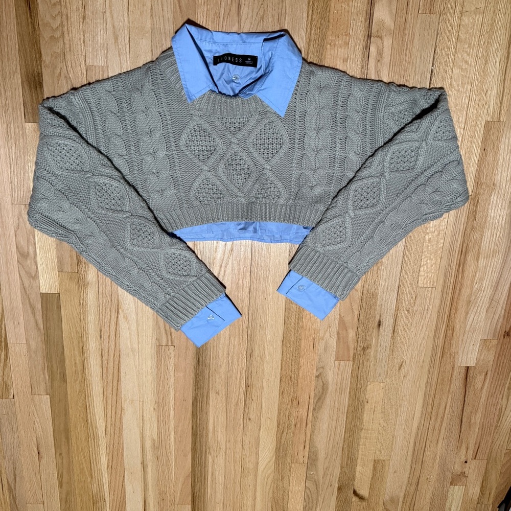 Cropped Cable-Knit Sweater in Taupe with Mock Shirt Collar